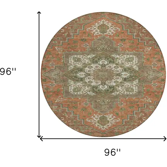 8' Rust Green And Brown Round Oriental Washable Indoor Outdoor Area Rug Photo 3