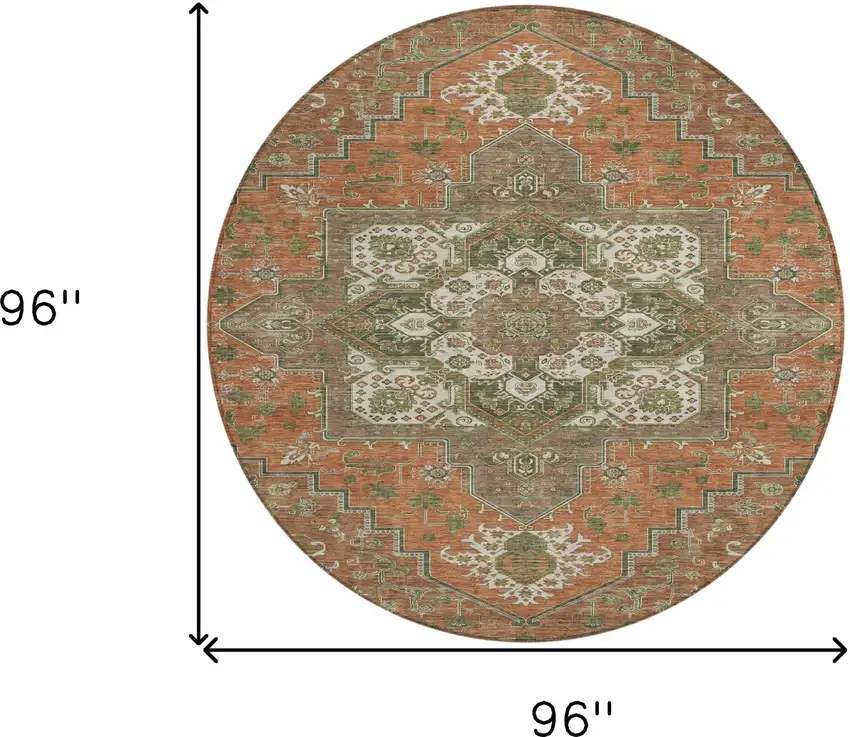 8' Rust Green And Brown Round Oriental Washable Indoor Outdoor Area Rug Photo 3