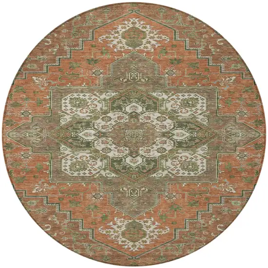 8' Rust Green And Brown Round Oriental Washable Indoor Outdoor Area Rug Photo 6