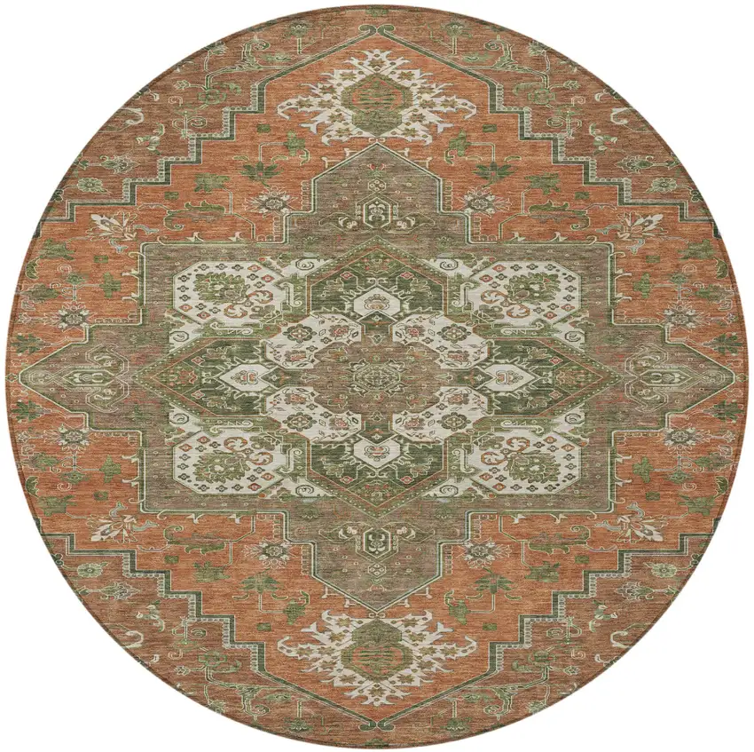 8' Rust Green And Brown Round Oriental Washable Indoor Outdoor Area Rug Photo 6
