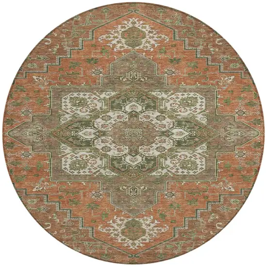 8' Rust Green And Brown Round Oriental Washable Indoor Outdoor Area Rug Photo 5