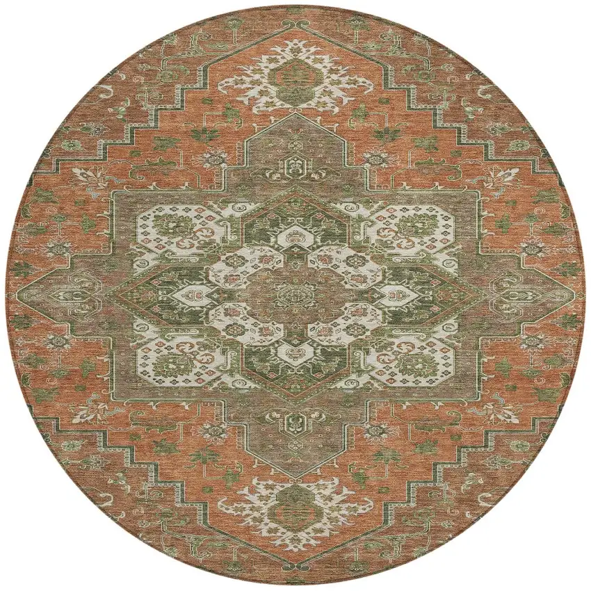 8' Rust Green And Brown Round Oriental Washable Indoor Outdoor Area Rug Photo 5