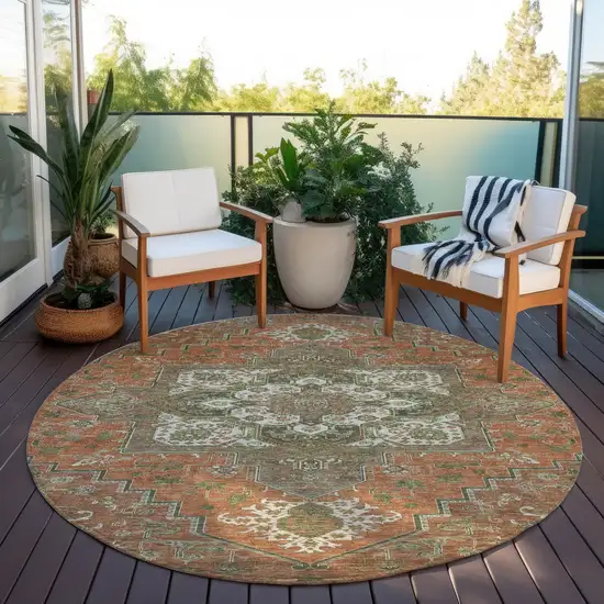 8' Rust Green And Brown Round Oriental Washable Indoor Outdoor Area Rug Photo 7