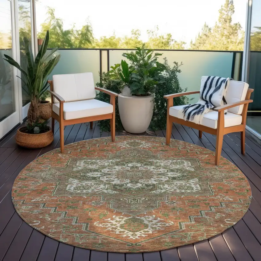 8' Rust Green And Brown Round Oriental Washable Indoor Outdoor Area Rug Photo 7