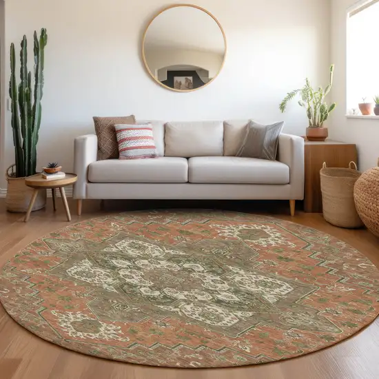 8' Rust Green And Brown Round Oriental Washable Indoor Outdoor Area Rug Photo 8
