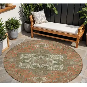 Photo of 8' Rust Green And Brown Round Oriental Washable Indoor Outdoor Area Rug