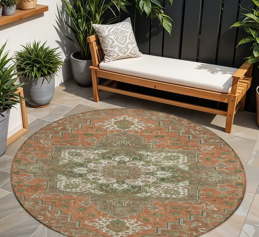 8' Rust Green And Brown Round Oriental Washable Indoor Outdoor Area Rug Photo 1