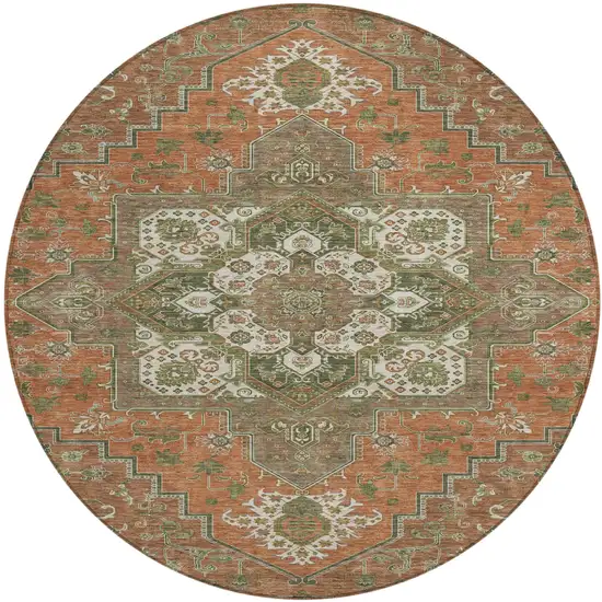 8' Rust Green And Brown Round Oriental Washable Indoor Outdoor Area Rug Photo 2