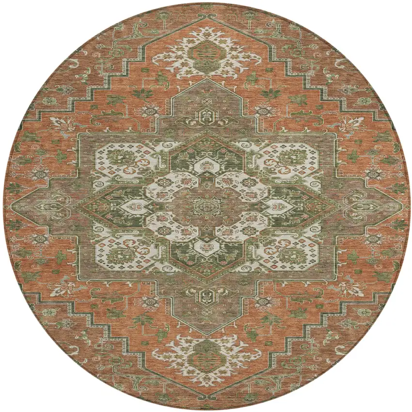 8' Rust Green And Brown Round Oriental Washable Indoor Outdoor Area Rug Photo 2