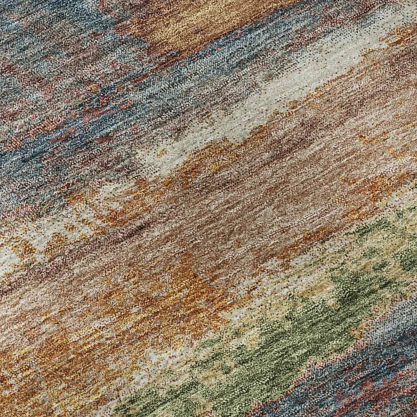 8' Rust Green And Gold Abstract Washable Round Rug With UV Protection Photo 6