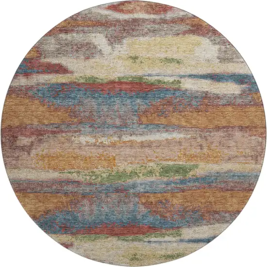 8' Rust Green And Gold Abstract Washable Round Rug With UV Protection Photo 1