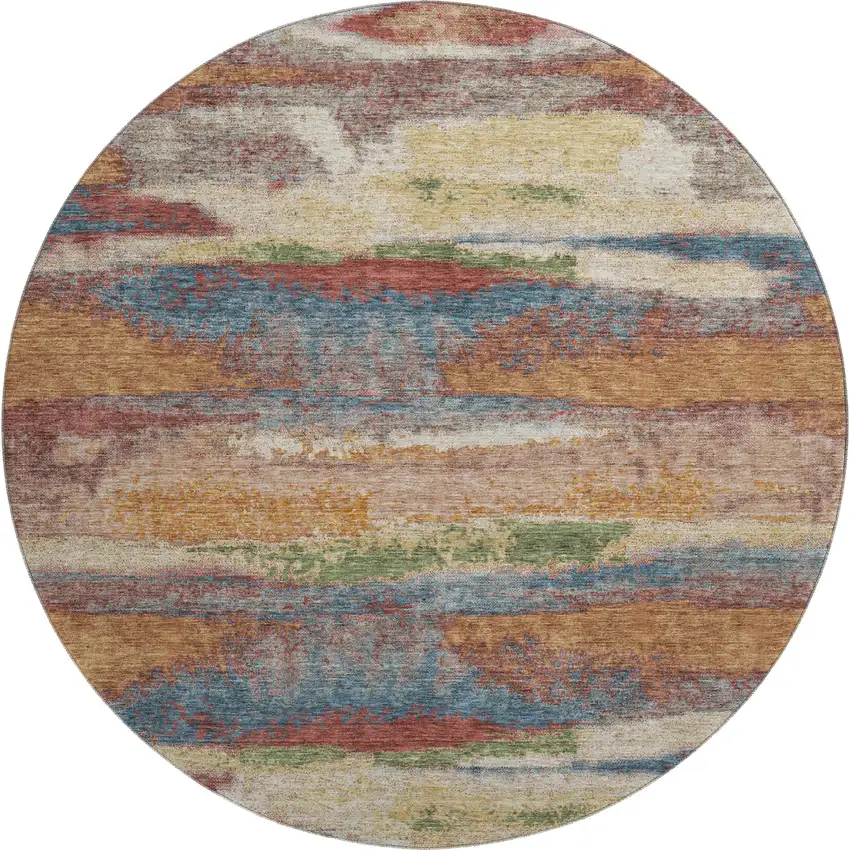8' Rust Green And Gold Abstract Washable Round Rug With UV Protection Photo 1