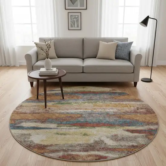 8' Rust Green And Gold Abstract Washable Round Rug With UV Protection Photo 2