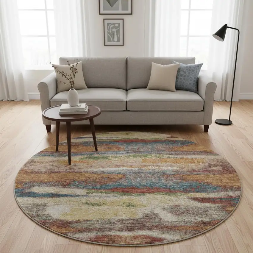 8' Rust Green And Gold Abstract Washable Round Rug With UV Protection Photo 2