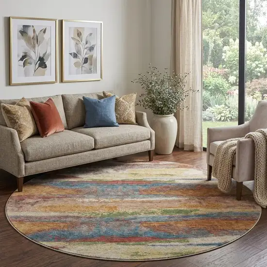 8' Rust Green And Gold Abstract Washable Round Rug With UV Protection Photo 1