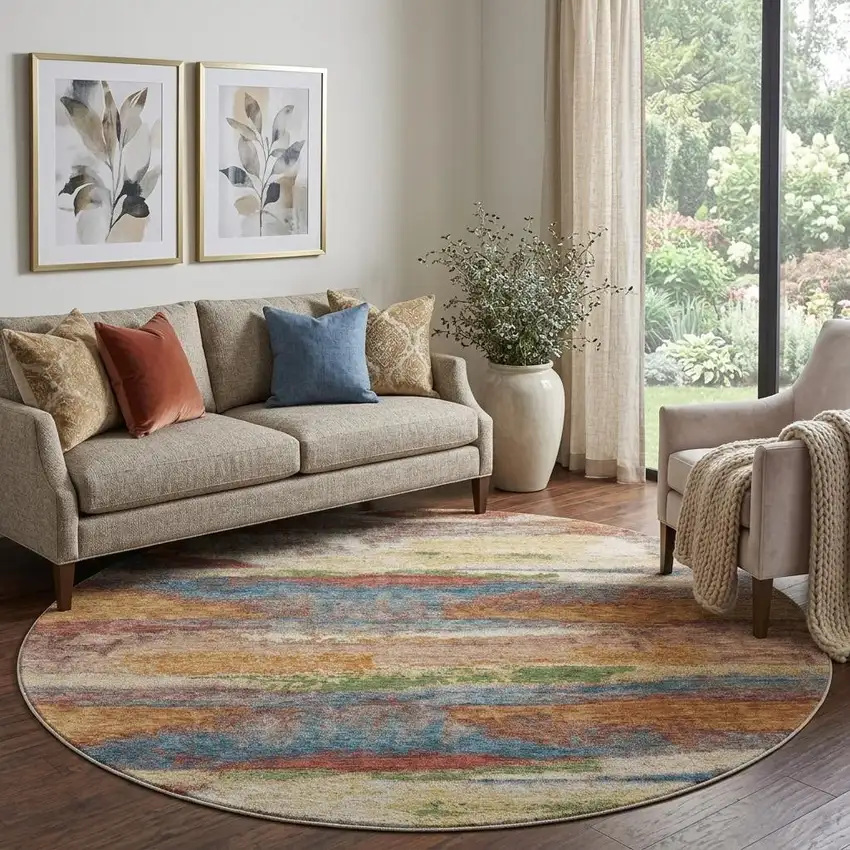 8' Rust Green And Gold Abstract Washable Round Rug With UV Protection Photo 1