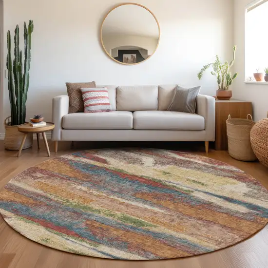 8' Rust Green And Gold Abstract Washable Round Rug With UV Protection Photo 2