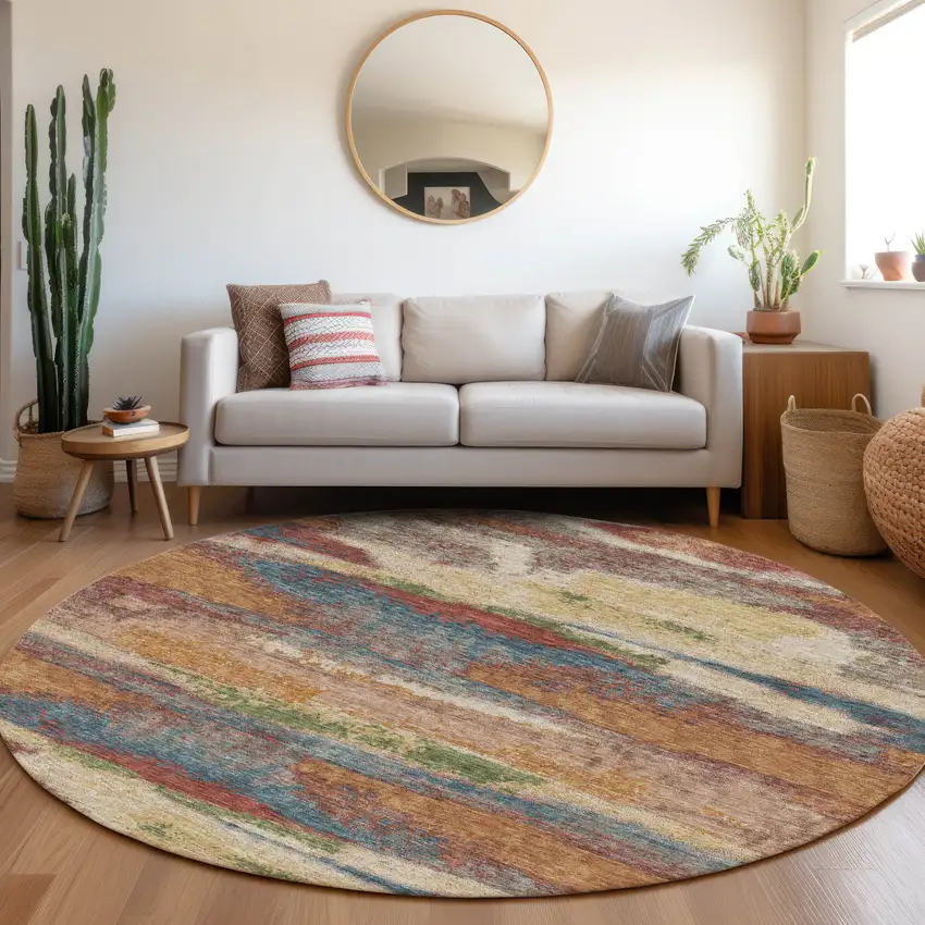8' Rust Green And Gold Abstract Washable Round Rug With UV Protection Photo 2