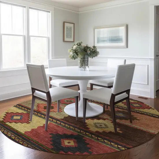 8' Rust Green And Gold Geometric Washable Round Rug With UV Protection Photo 5