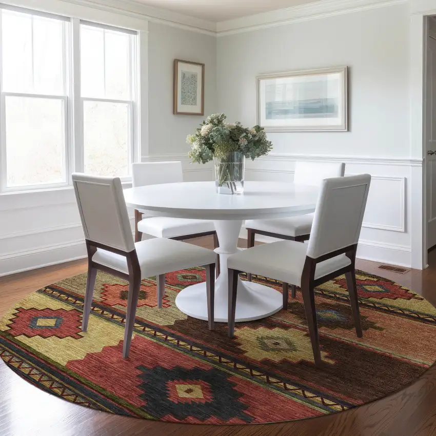 8' Rust Green And Gold Geometric Washable Round Rug With UV Protection Photo 5