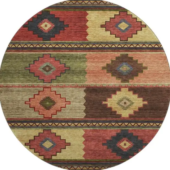 8' Rust Green And Gold Geometric Washable Round Rug With UV Protection Photo 4