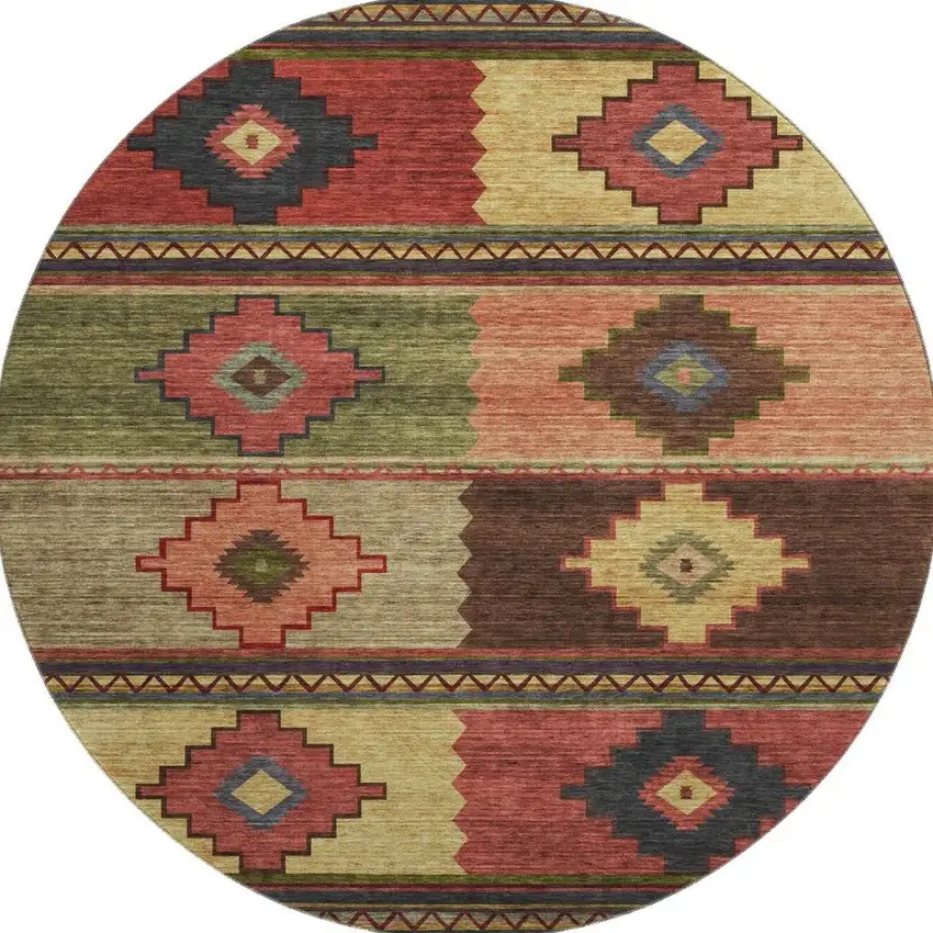 8' Rust Green And Gold Geometric Washable Round Rug With UV Protection Photo 4