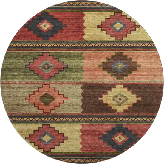 8' Rust Green And Gold Geometric Washable Round Rug With UV Protection Photo 2