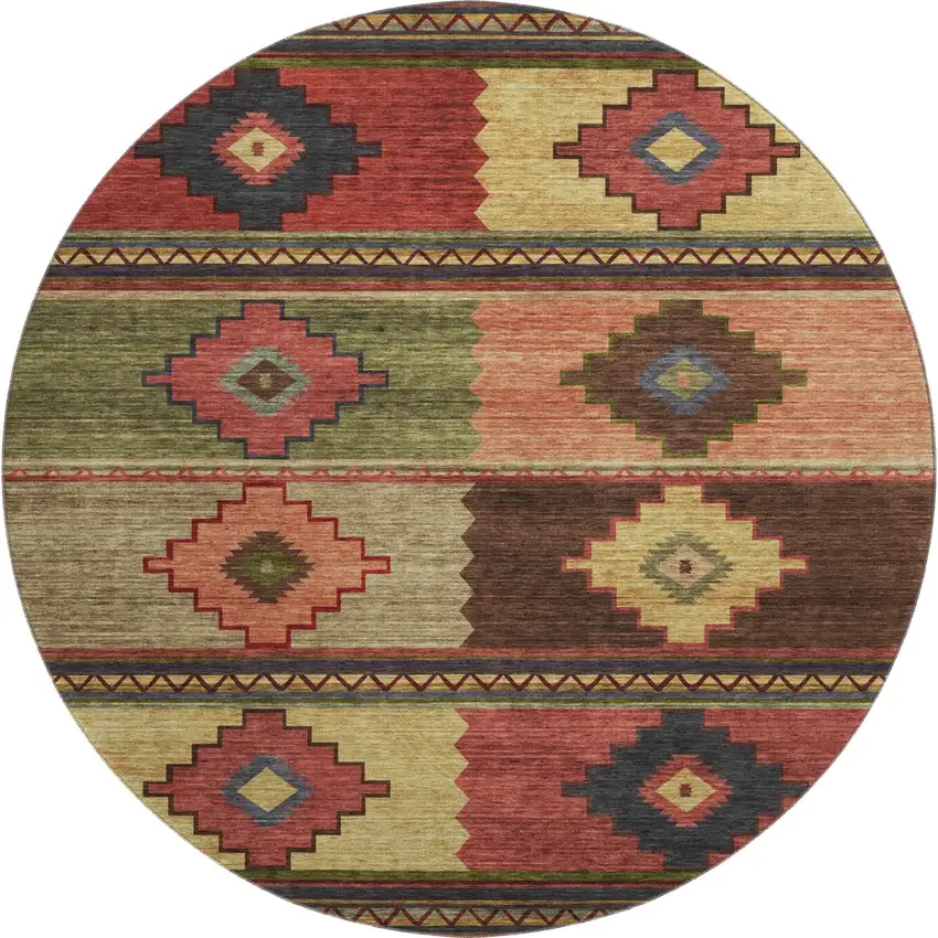 8' Rust Green And Gold Geometric Washable Round Rug With UV Protection Photo 2