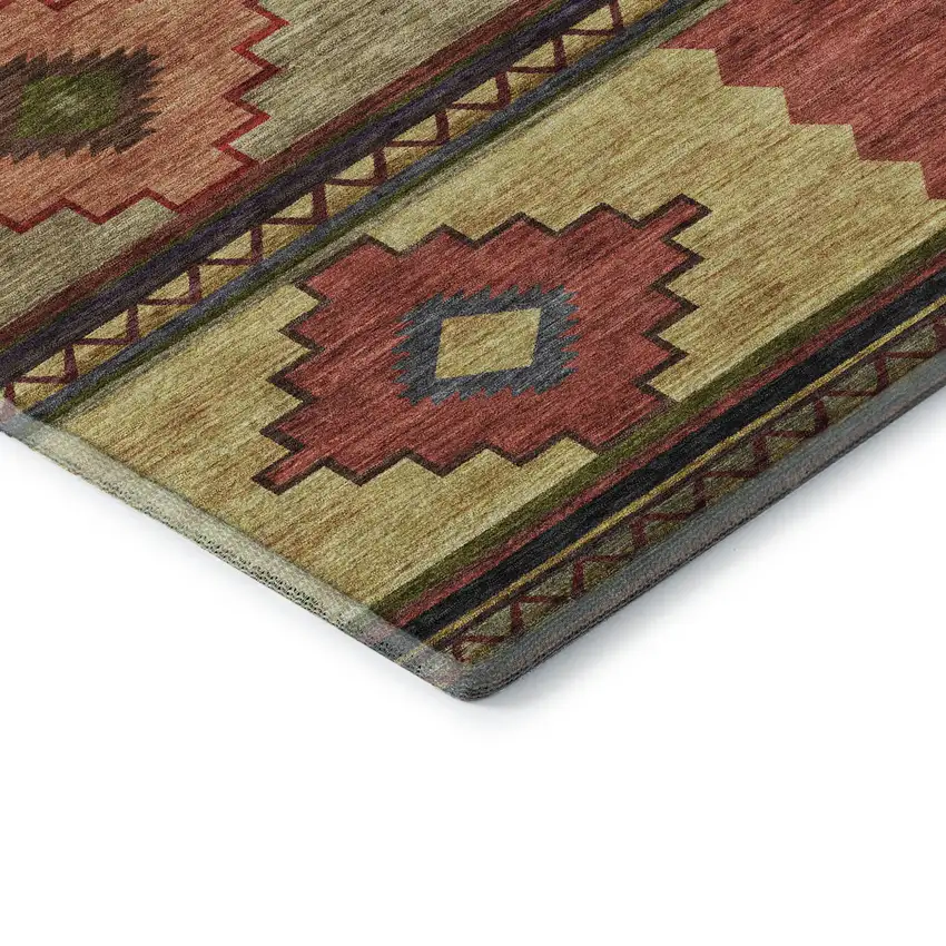 8' Rust Green And Gold Geometric Washable Round Rug With UV Protection Photo 7