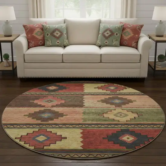 8' Rust Green And Gold Geometric Washable Round Rug With UV Protection Photo 1