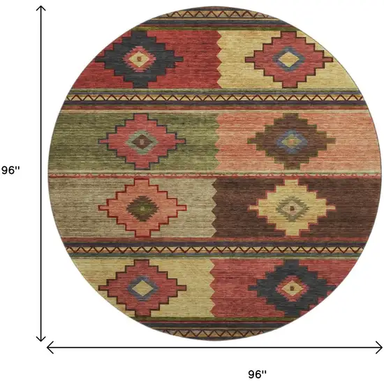 8' Rust Green And Gold Geometric Washable Round Rug With UV Protection Photo 3
