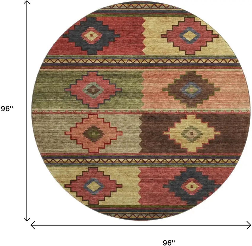 8' Rust Green And Gold Geometric Washable Round Rug With UV Protection Photo 3