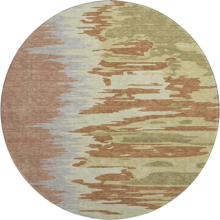 8' Rust Green And Gray Abstract Washable Round Rug With UV Protection Photo 1