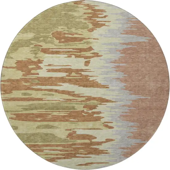 8' Rust Green And Gray Abstract Washable Round Rug With UV Protection Photo 2