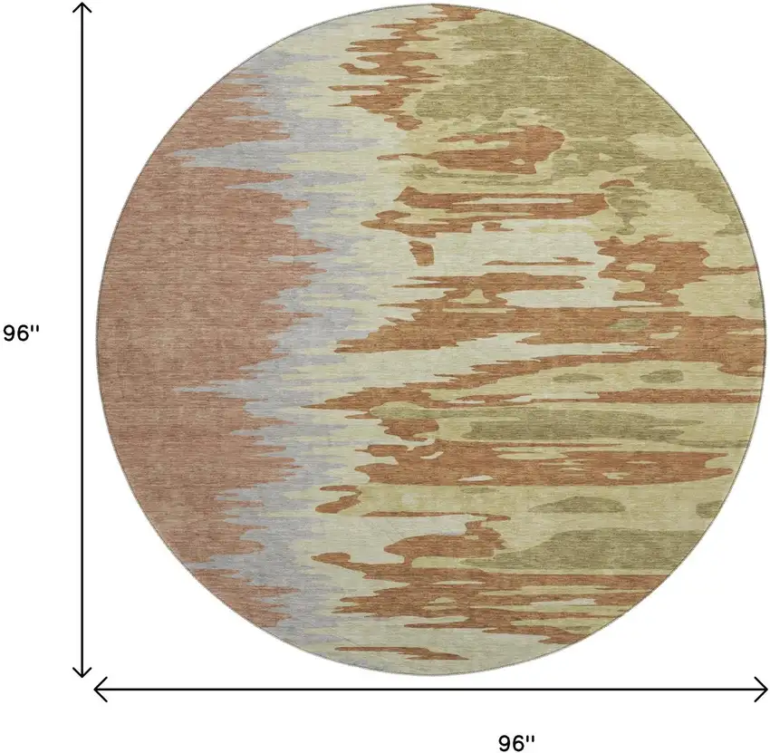8' Rust Green And Gray Abstract Washable Round Rug With UV Protection Photo 8