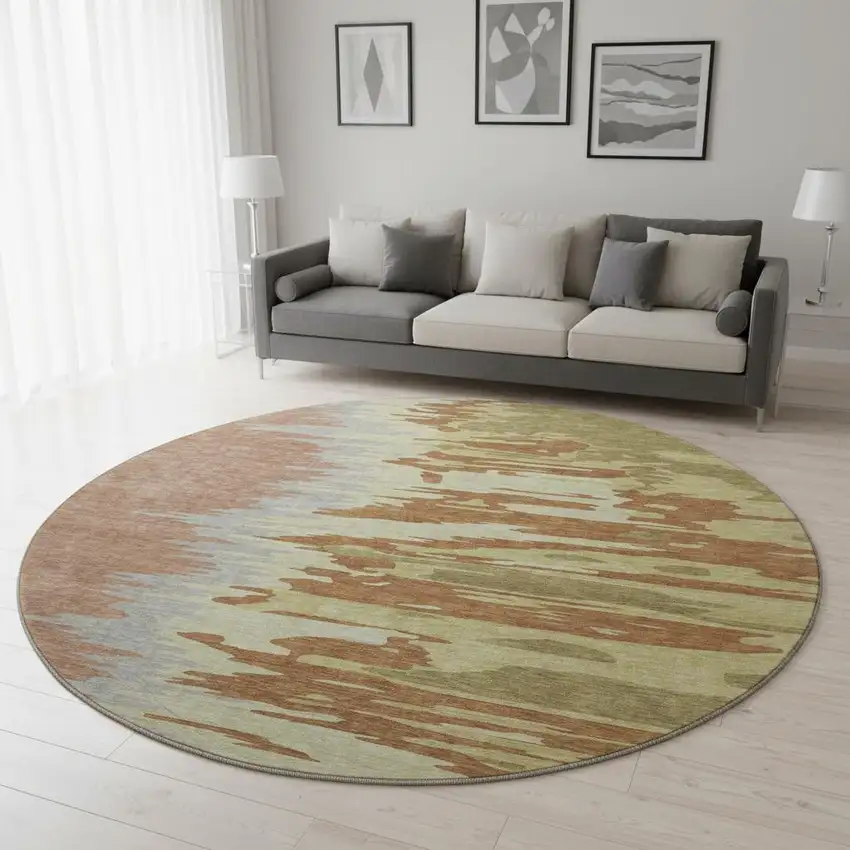 8' Rust Green And Gray Abstract Washable Round Rug With UV Protection Photo 2
