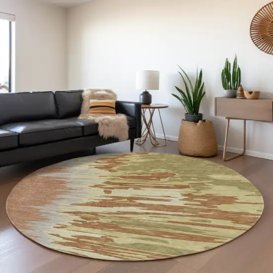 8' Rust Green And Gray Abstract Washable Round Rug With UV Protection Photo 3