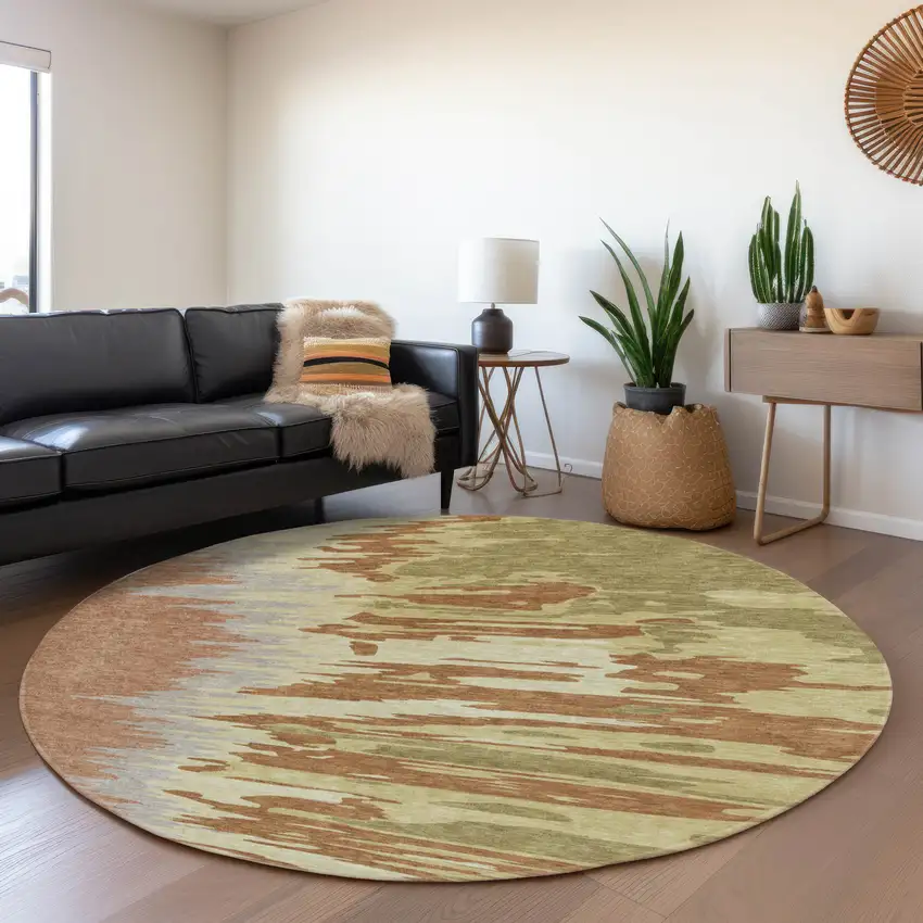 8' Rust Green And Gray Abstract Washable Round Rug With UV Protection Photo 3