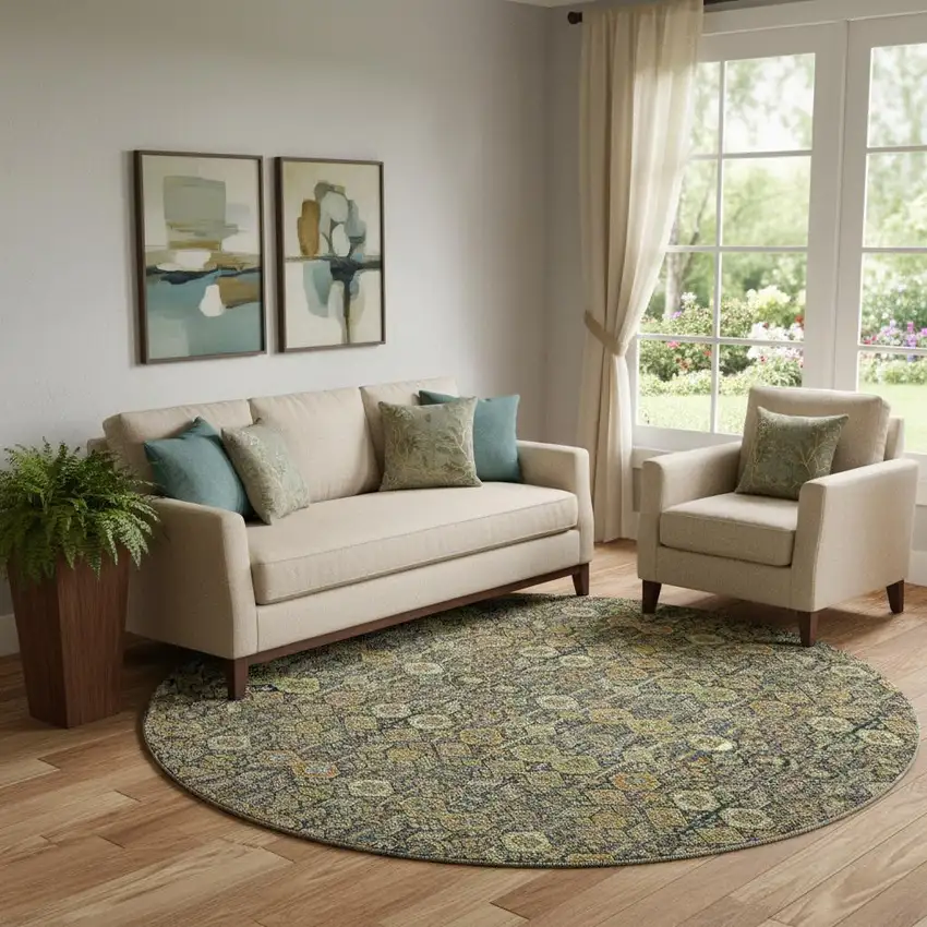 8' Rust Green And Gray Tribal Washable Round Rug With UV Protection Photo 1