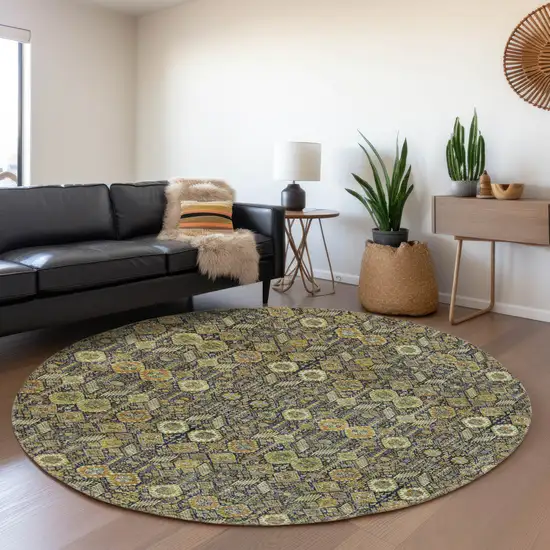 8' Rust Green And Gray Tribal Washable Round Rug With UV Protection Photo 5