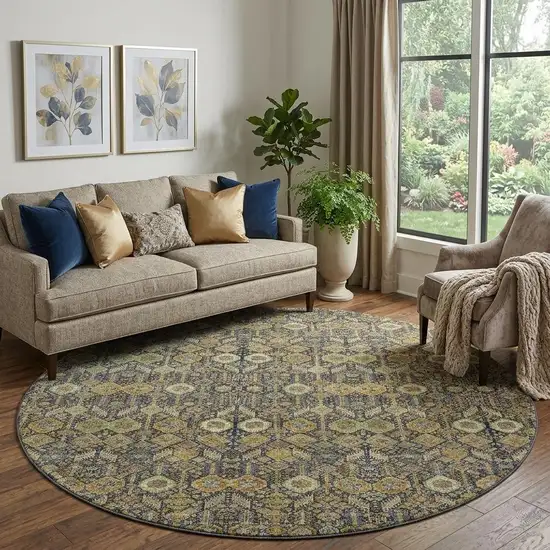 8' Rust Green And Gray Tribal Washable Round Rug With UV Protection Photo 1