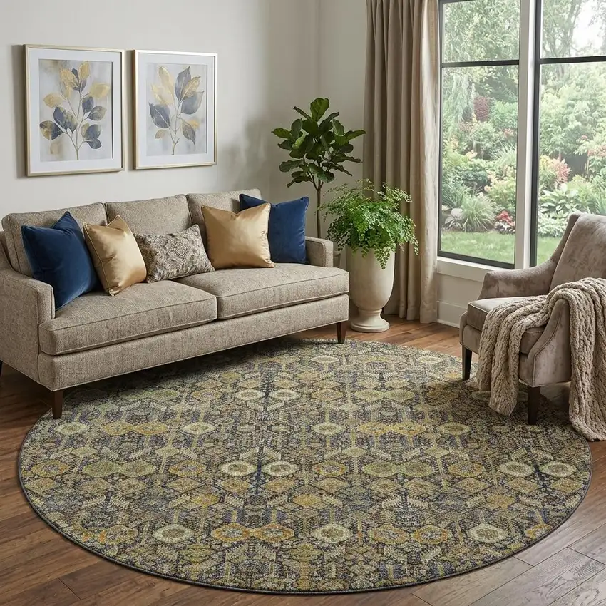 8' Rust Green And Gray Tribal Washable Round Rug With UV Protection Photo 1