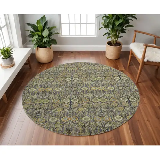 8' Rust Green And Gray Tribal Washable Round Rug With UV Protection Photo 2