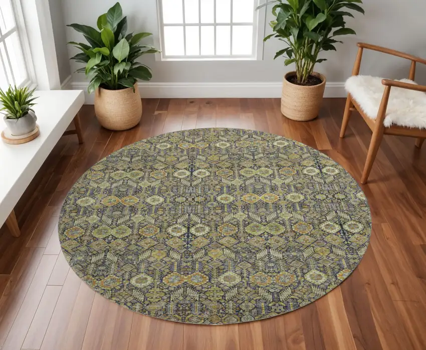 8' Rust Green And Gray Tribal Washable Round Rug With UV Protection Photo 2