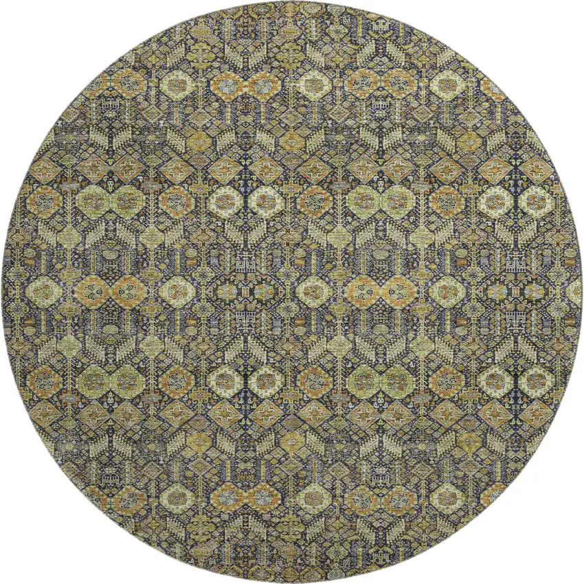 8' Rust Green And Gray Tribal Washable Round Rug With UV Protection Photo 1