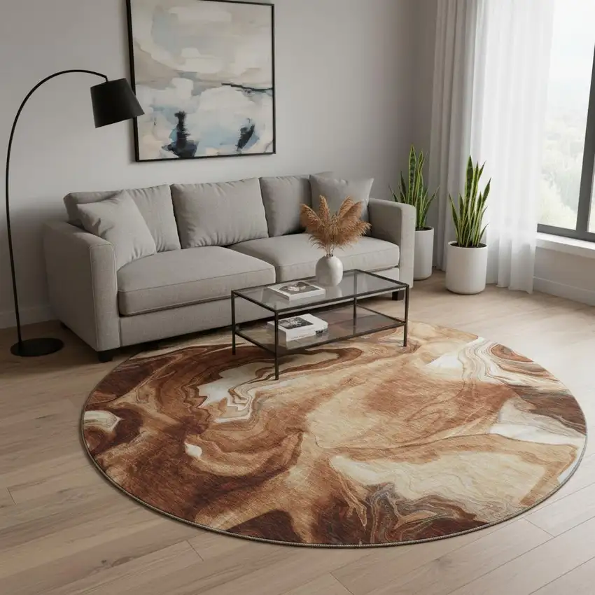 8' Rust Ivory And Beige Abstract Washable Round Rug With UV Protection Photo 2
