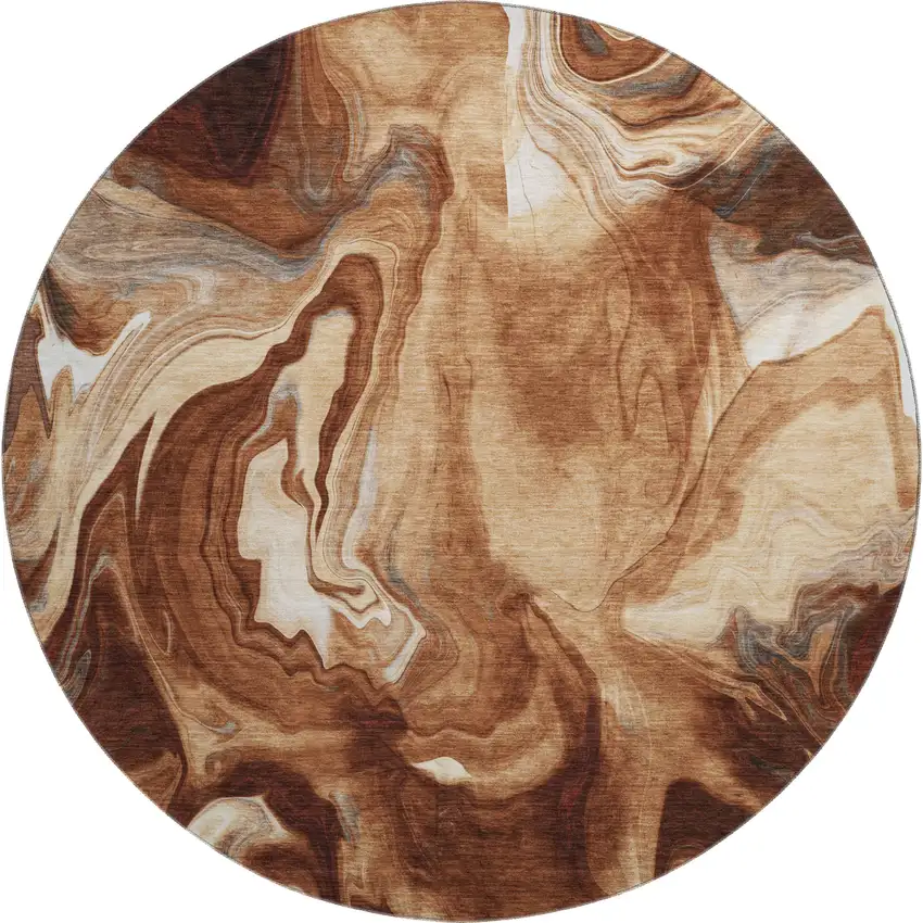 8' Rust Ivory And Beige Abstract Washable Round Rug With UV Protection Photo 1