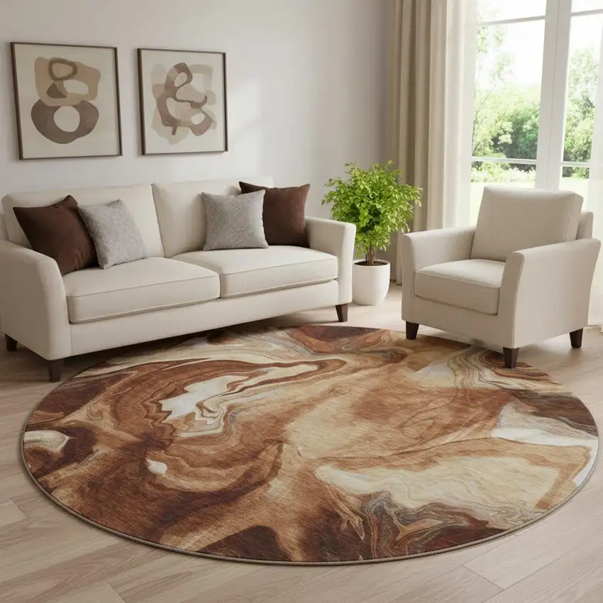 8' Rust Ivory And Beige Abstract Washable Round Rug With UV Protection Photo 1