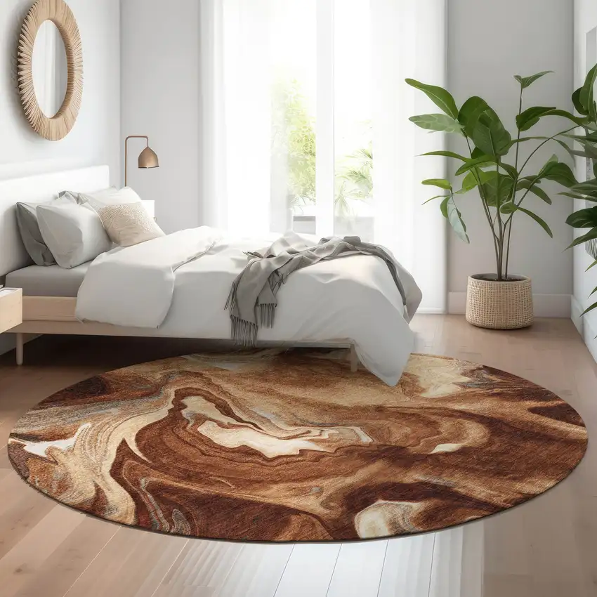 8' Rust Ivory And Beige Abstract Washable Round Rug With UV Protection Photo 5