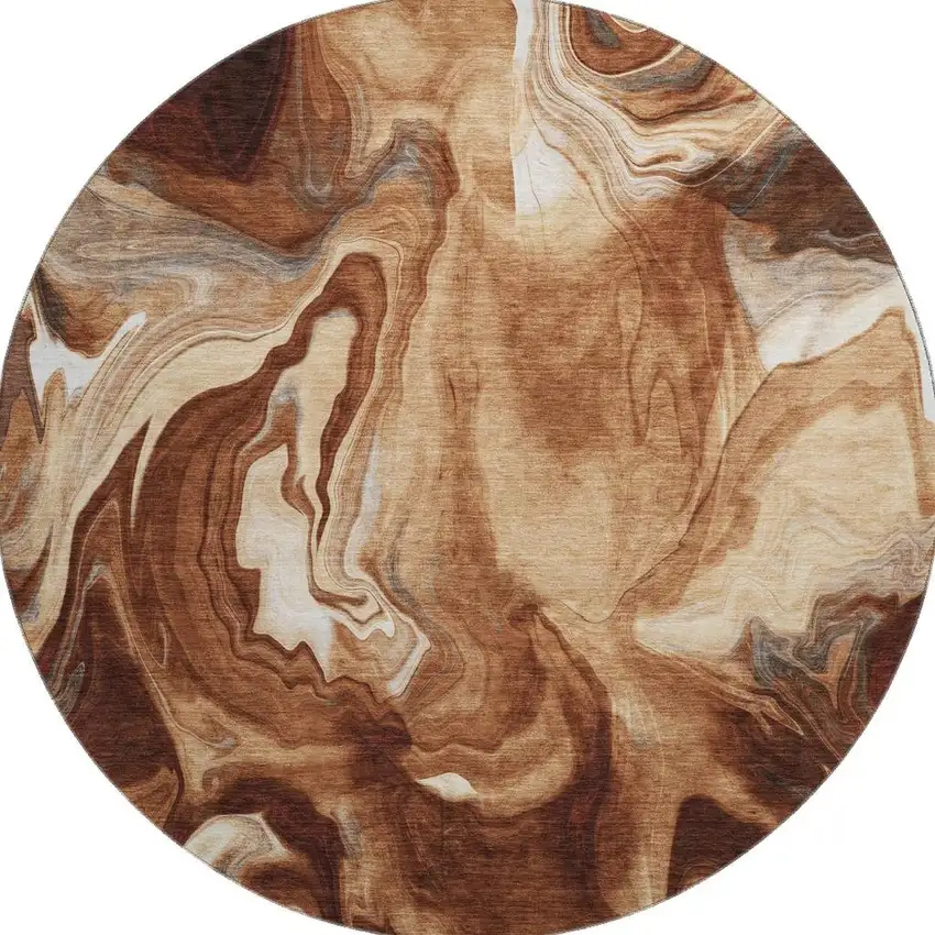 8' Rust Ivory And Beige Abstract Washable Round Rug With UV Protection Photo 4